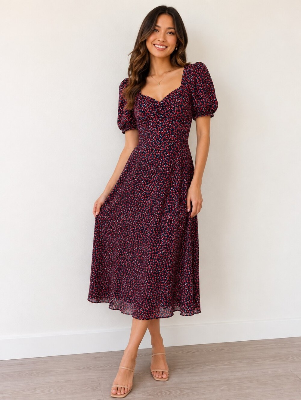 NLW Sweet Feelings Floral Midi Dress Size L Puff Sleeve Sweetheart Neck